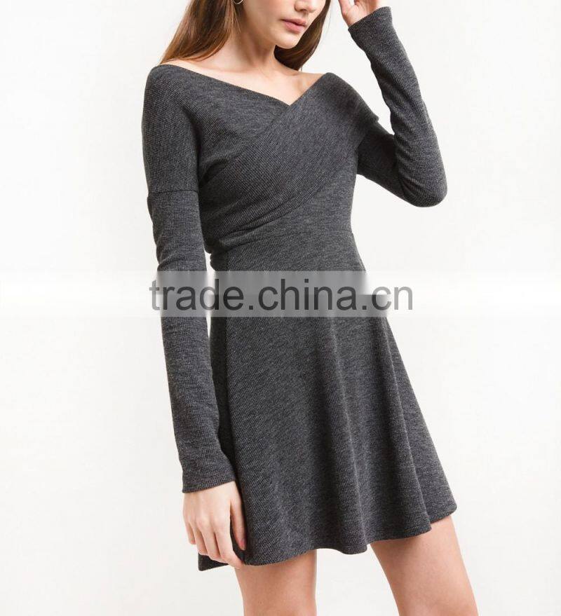 Grey Criss Cross Off The Shoulder Kint Fit And Flare Winter Women Dress Names Of Girls Dresses Wholesale Clothing Market HSD5691