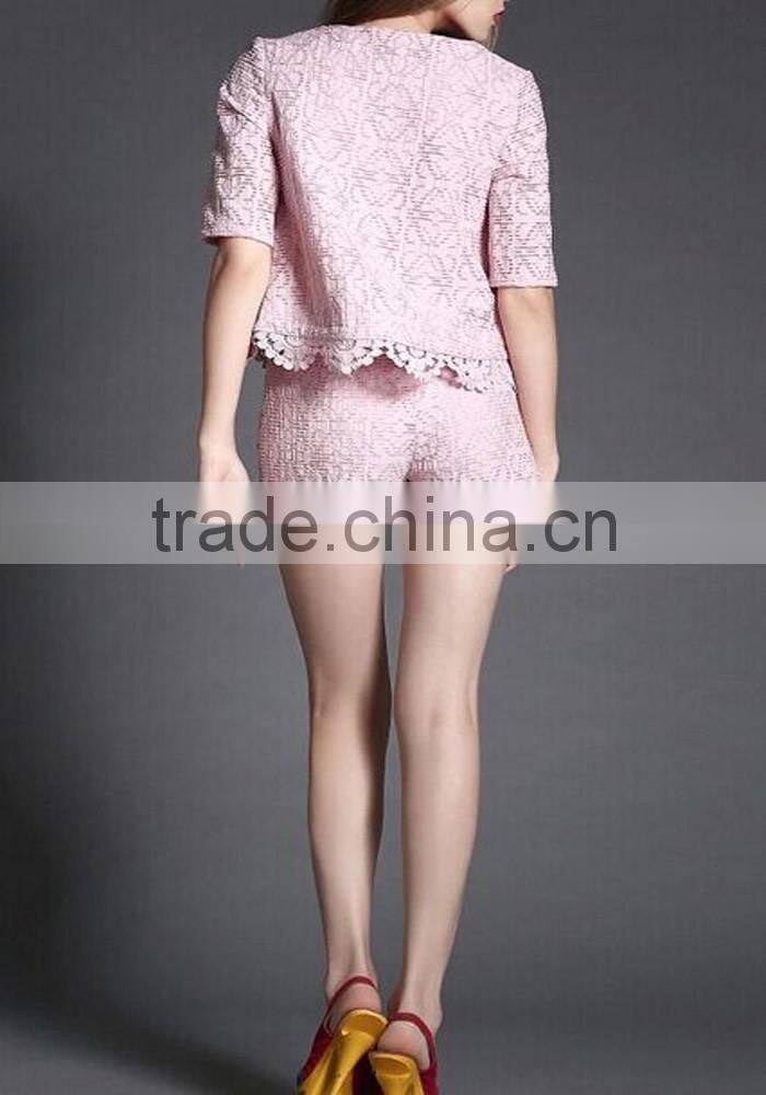 Latest women fasion lace suit short sleeve crop top and shorts