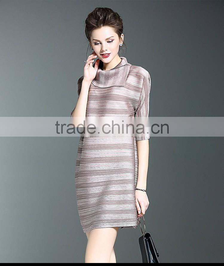 Women striated Polo neck casual pleated dresses