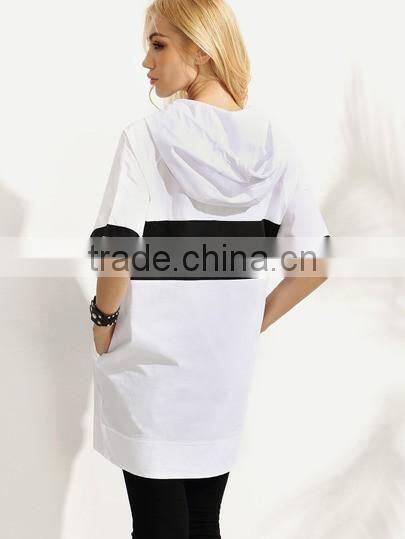 Women's Multi color Contrast Hooded Oversized Short Sleeve Sweatshirt