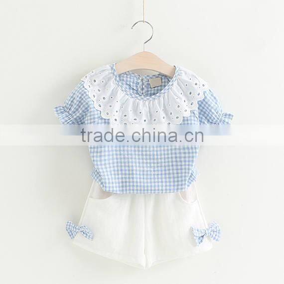 Kids Clothes Plaid Shirt Short Sleeve Round Lace Collar Match Cotton Shorts With Two Smaller Bowknot