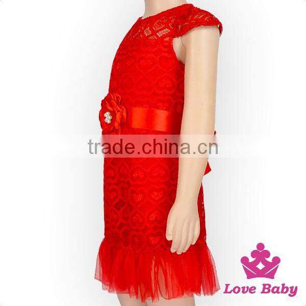 2017 New Design Children Party Red Lace Dress With Flower Belt Girl Skirt Vintage Lace Top Baby Frock