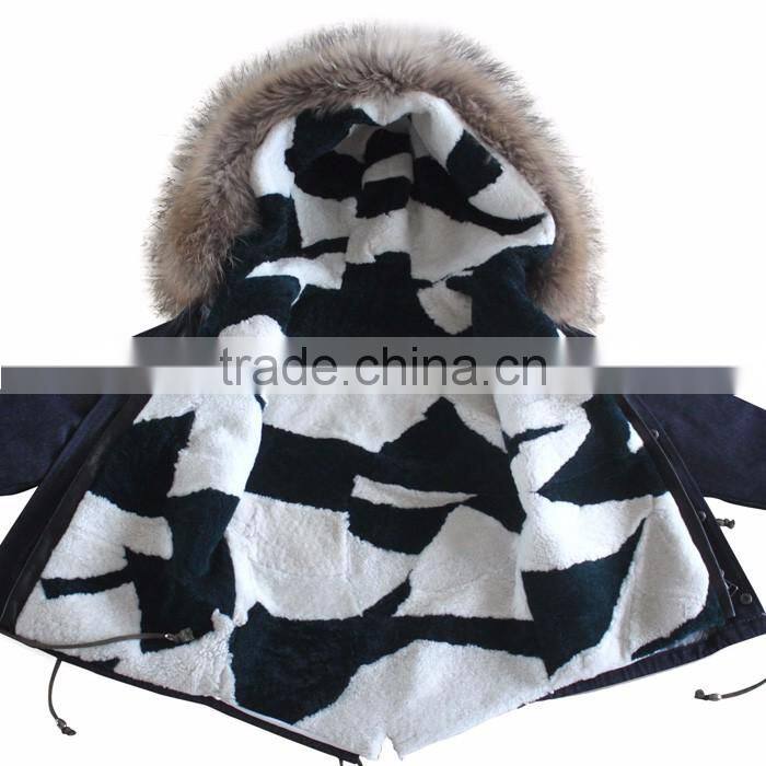 Myfur Latest Design Kids Jeans Parka With Sheep Shearing Fur Lining And Raccoon Fur Hooded Parka for Children