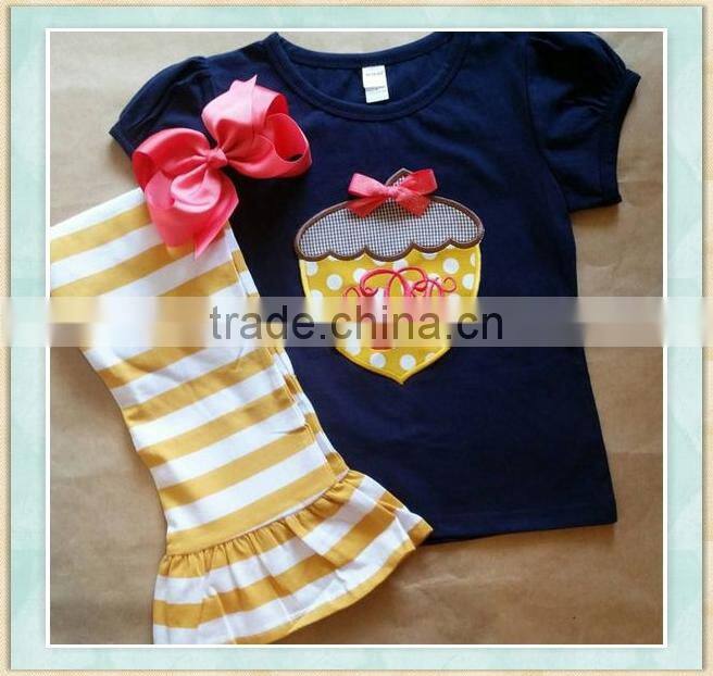 Halloween kids sets deep bule short sleeve top embroidery yellow stripes pantsgirls halloween boutique outfits