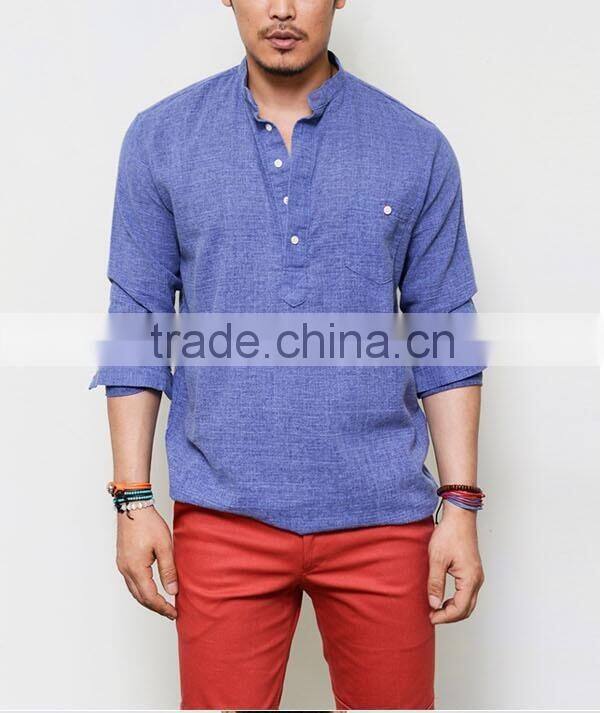 Men's Long Sleeve Blue Laid-back Holiday Linen Pull Over Henley Mandarine Shirt