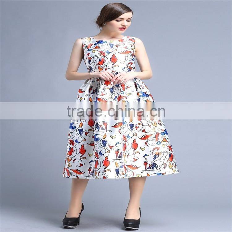 2016 fashion women dresses for sleeveless floral printed,flared hem long dress for OEM