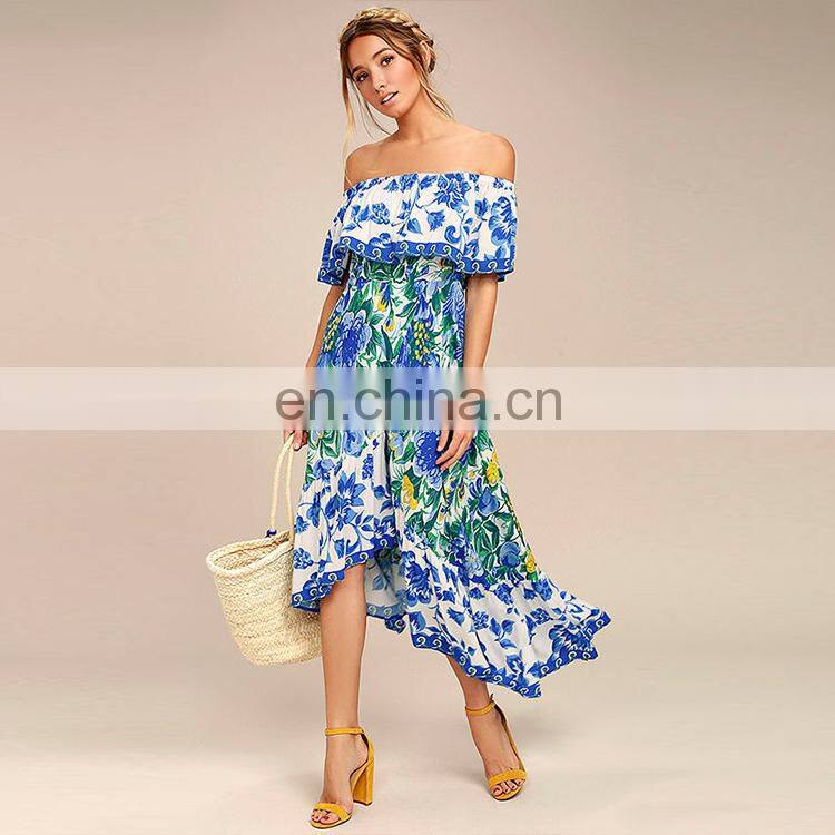 Woman clothes off shoulder ruffle dress slash neck one piece woaman dress