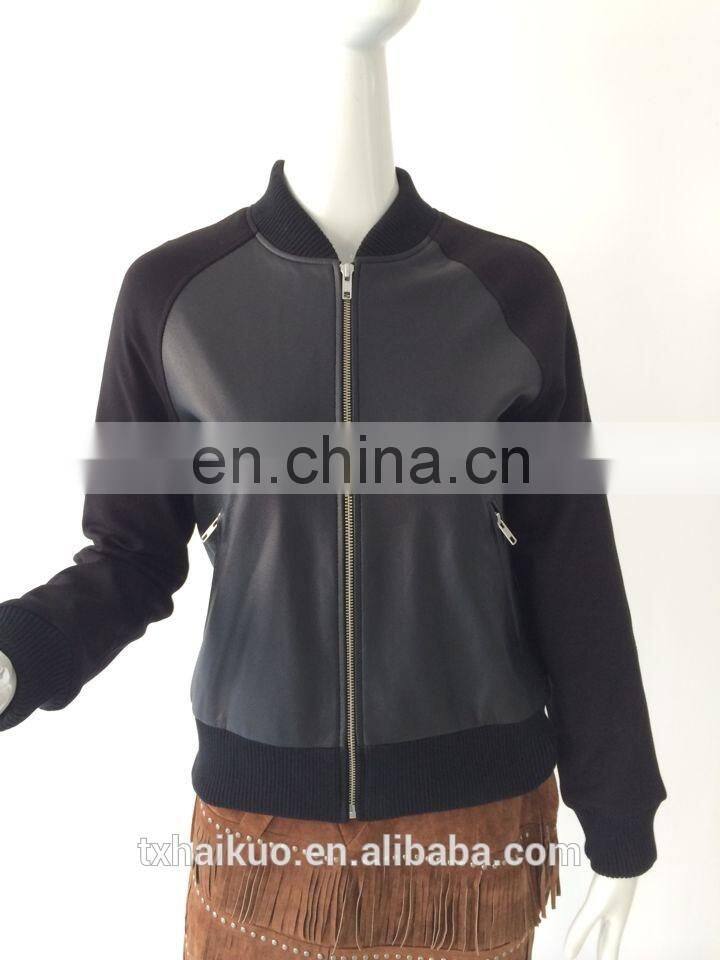 Ladies standing collar baseball leather jacket with punch sleeve