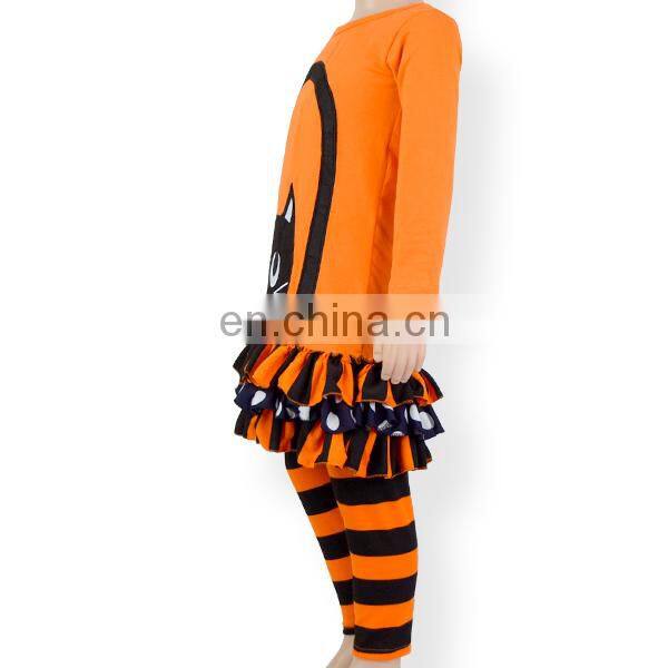 Girls boutique outfit cat printed double-deck Floral stripe Top and orange black stripe Trousers children sets