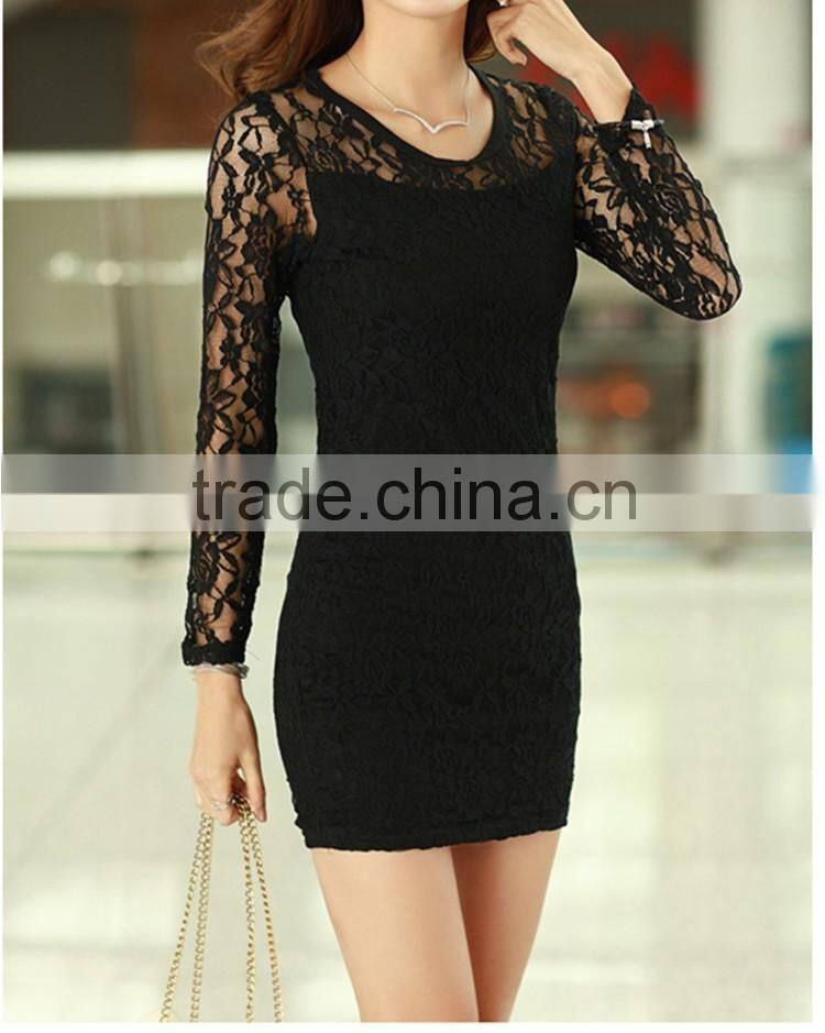 Womans Fashion Dress Long Sleeve Dress Thin Lace Sexy Dress