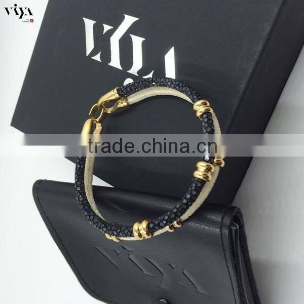 2016 Latest FashionJewelry Black Stingray Leather Cord,Genuine Stingray Bracelet With Stainless Steel Jewelry