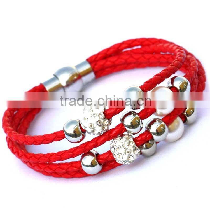 Lady PU Leather Cuff Wrap Wristband Magnetic Buckle Bracelet with Sliding Beads