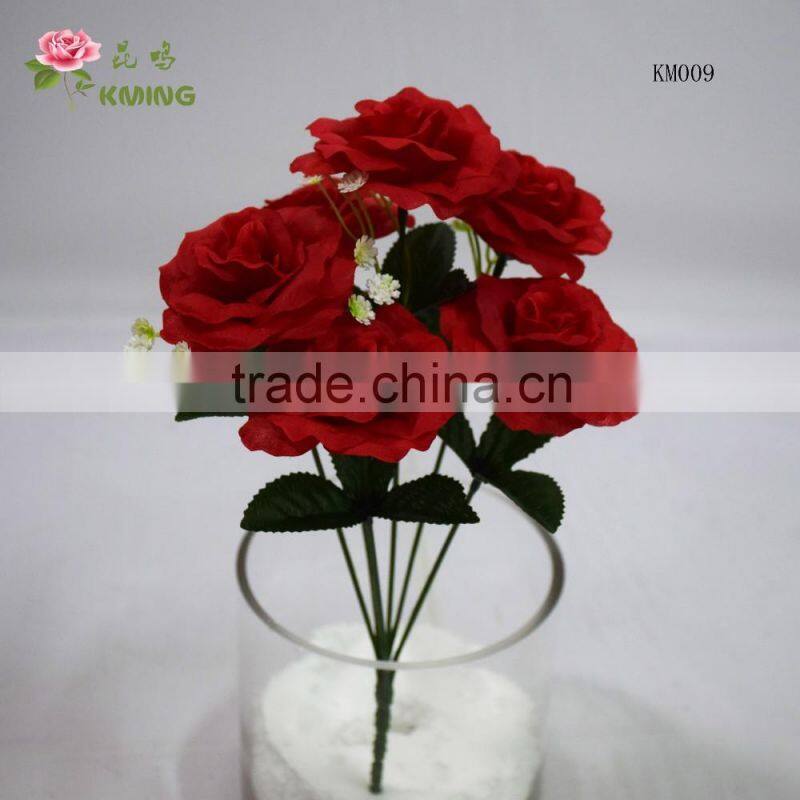 6x non woven artificial flower open rose bush mini bush for office market decoration