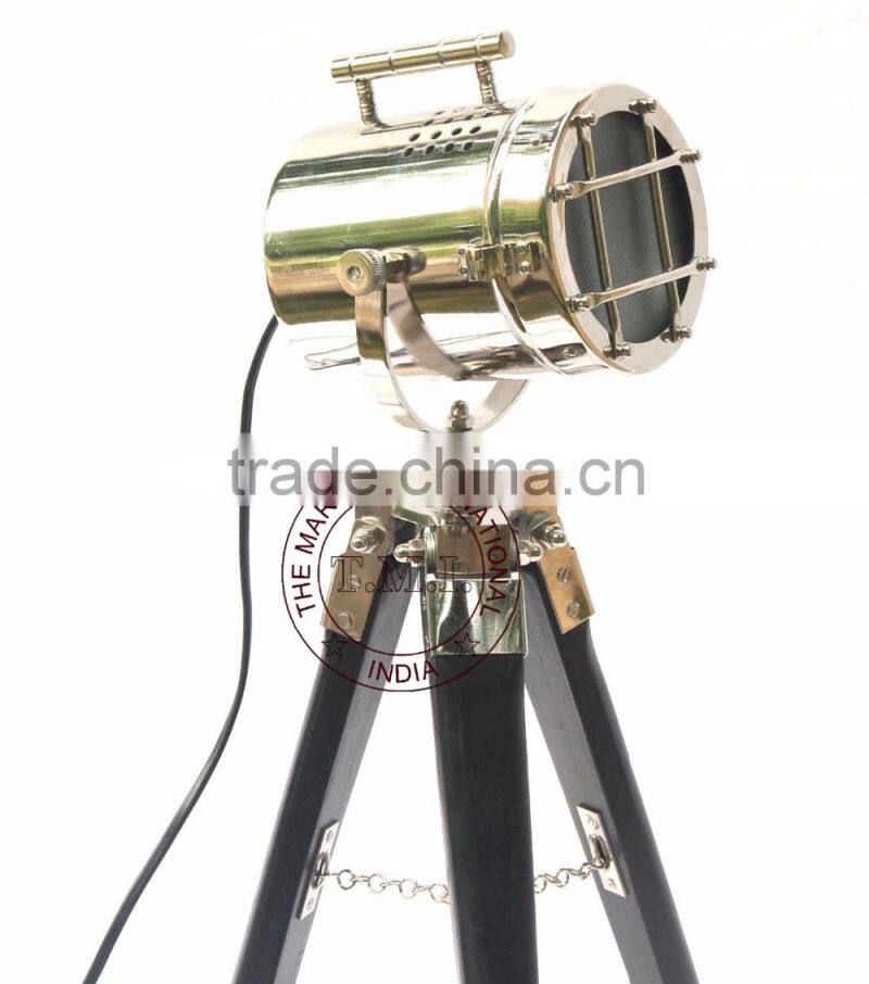 NAUTICAL SPOTLIGHT LAMP ON STAND - NICKEL PLATED SEARCHLIGHT ON WOODEN BLACK TRIPOD STAND