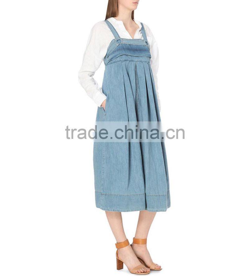 Square neck sleeveless box pleat detailing silver-toned hardware contrast stitching flared hemline women Denim Dress