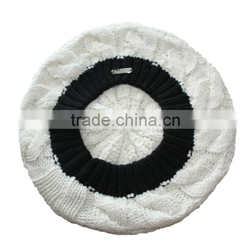 2014 fashion white cable knit cap hat beret with black rib cuff