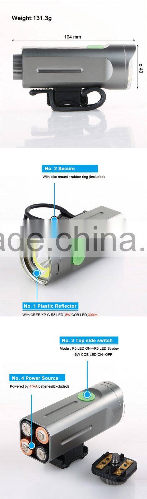 USB Rechargeable LED Bike Light, Front LED Bicycle Light