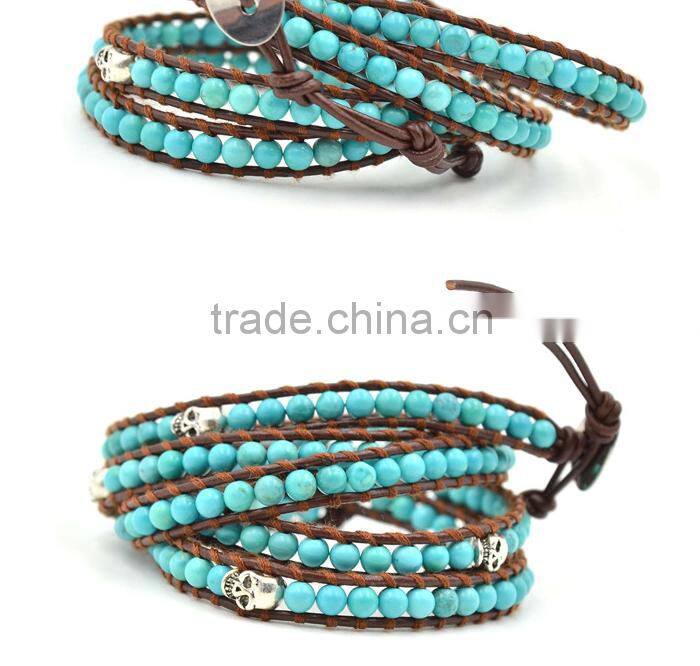 Alibaba Guangzhou Factory Direct Handmade DIY Turquoise Bead Wholesale Leather Wrap Bracelets