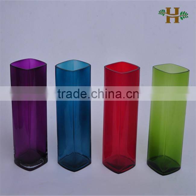 Colored square round corner glass vase, handblown table use glassware