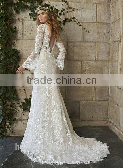 v neck lace open back backless wedding dress with long sleeves