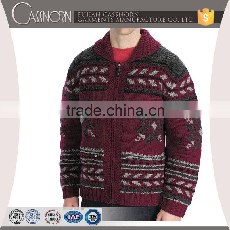 two-way front zip lambswool nordic jacquard chunky textured hand knit cardigan