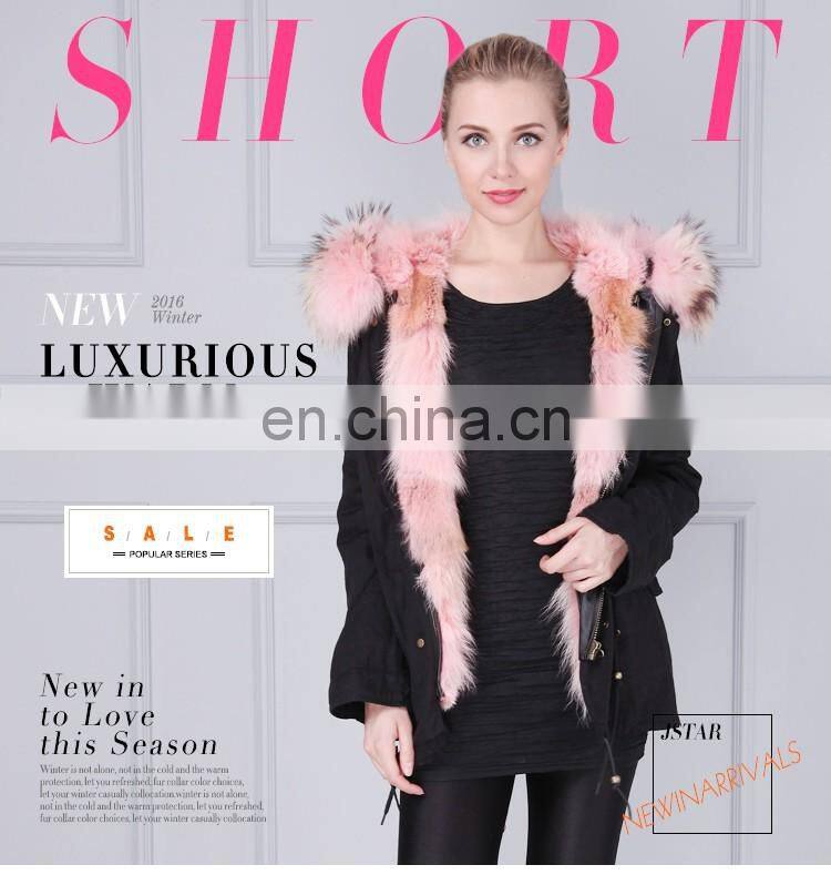 Women hooded pink real fox fur parka with army green shell material