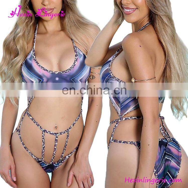 Wholesale Women Stripe Black Halter Neck One Piece Swimsuit Swimwear