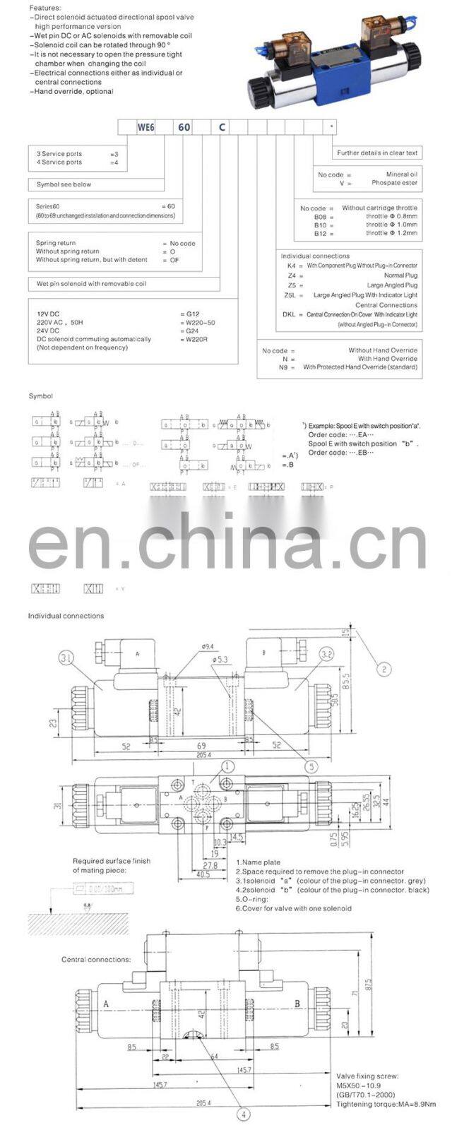 4WE6 series hydraulic solenoid valve 4WE-6-DE-W240-20
