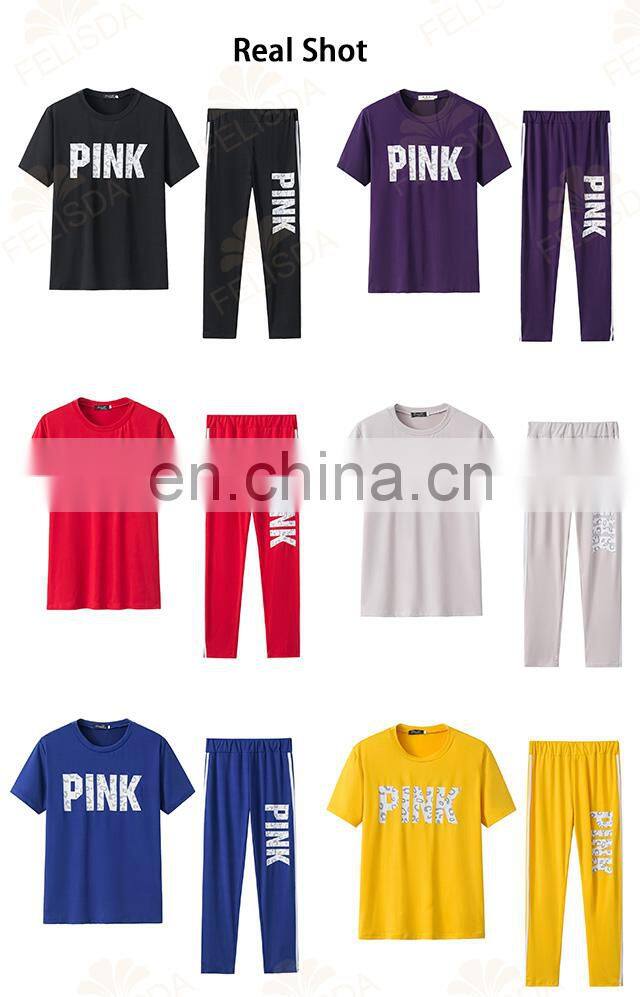 Custom Pink Letter Print Sweatsuit Women Set Plus Size Set Short Sleeve Tops Skinny Pant Tracksuit Fall Casual 2 Piece Set