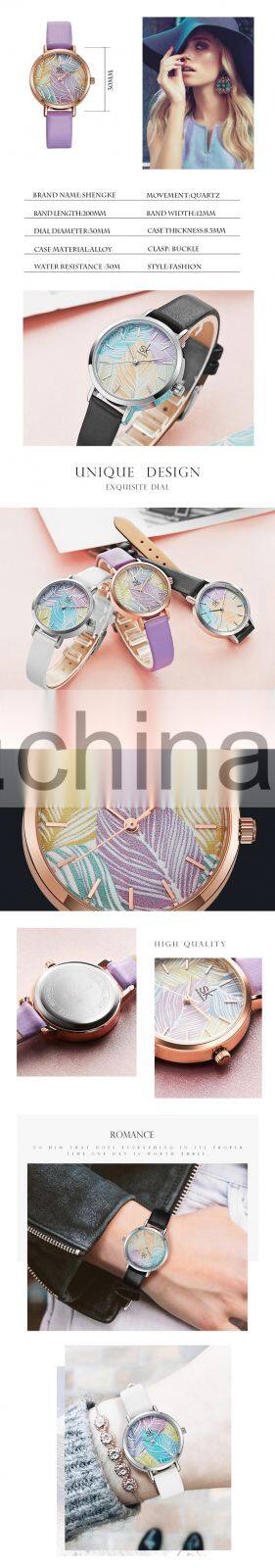 SHENGKE Lady Watch Soft Leather Band K8057 Brand Your Label Watch Customization Logo Colorful Leaf Watch