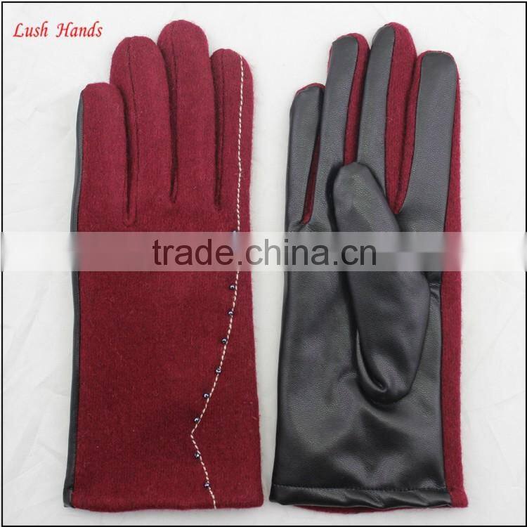 Lady's new style affordable leather-woolen gloves with supersoft polyester lining