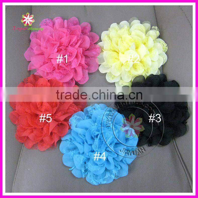 Beaded lace chiffon fabric flowers for wedding dresses,pearl center chiffon lace flower, pearls rhinestone chiffon lace flower
