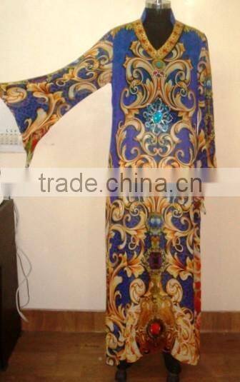 DIGITAL PRINTED JALABIYA WITH BEADS WORK AT NECK JEWELRY.