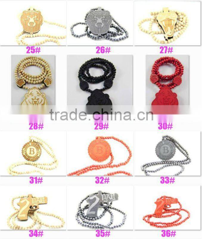 Hip Hop Face Wooden Beaded Pendant 36" Chain Necklace