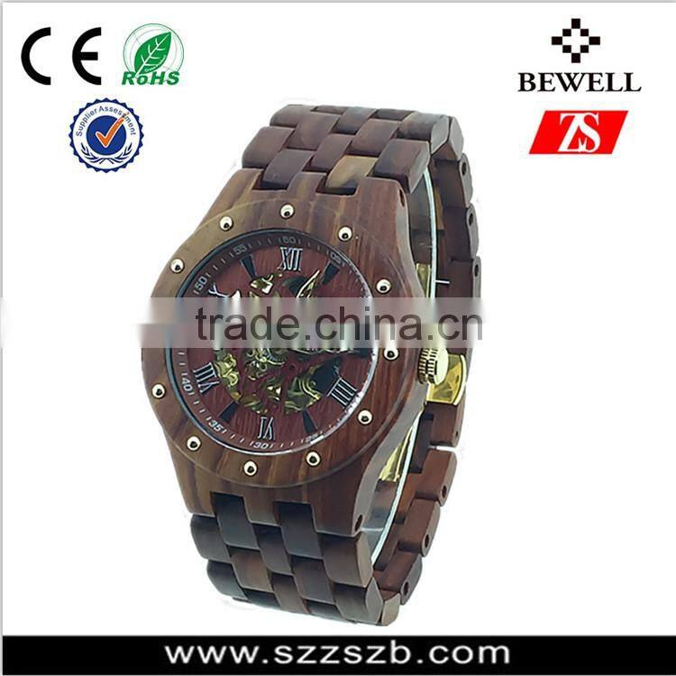 Fashion watches water resistant wooden watch with stainless steel case back and skeleton automatic mechanical watch