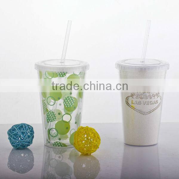 450ml/16oz BPA free plastic double wall tumbler with straw