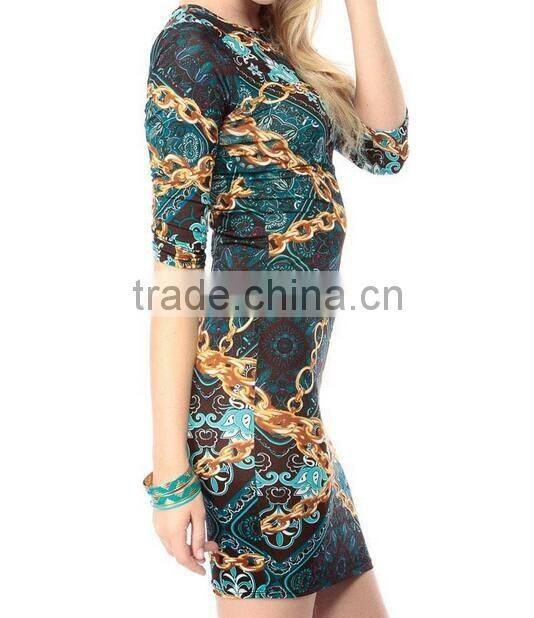 2016 Summer New Fashion Gold Chains Palace Flower Prints Sexy Elegant Women Party Dress