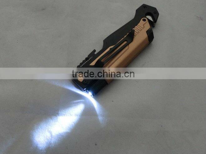 Multi-function Folding Survive Knife with LED light/belt Cutter/Fire Starter
