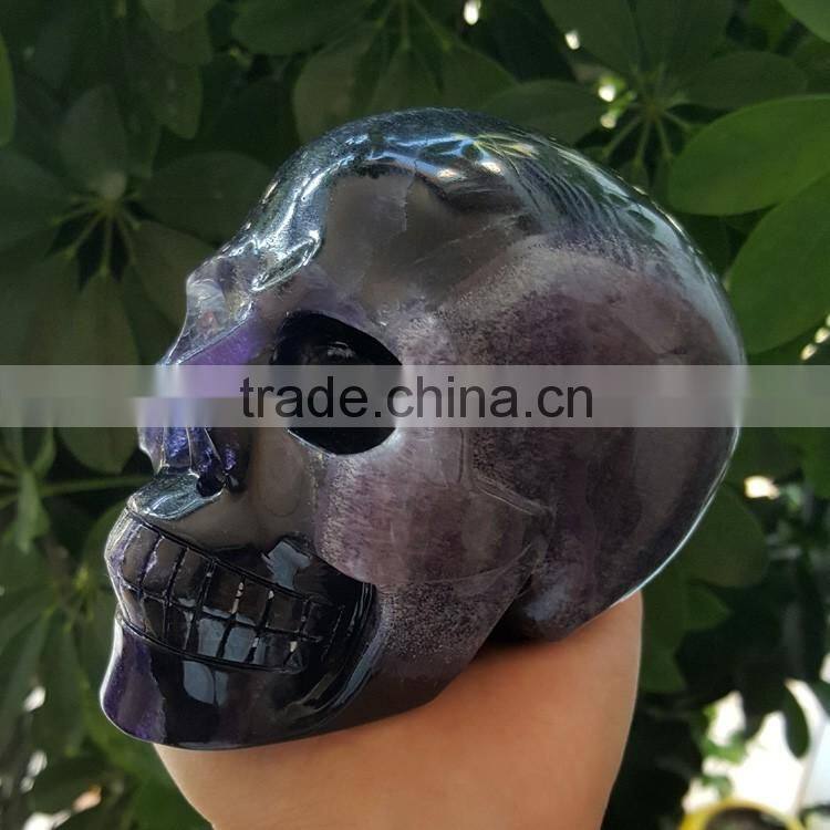 Customize Hand Carved Purple Fluorite Quartz Crystal Skull for Sale