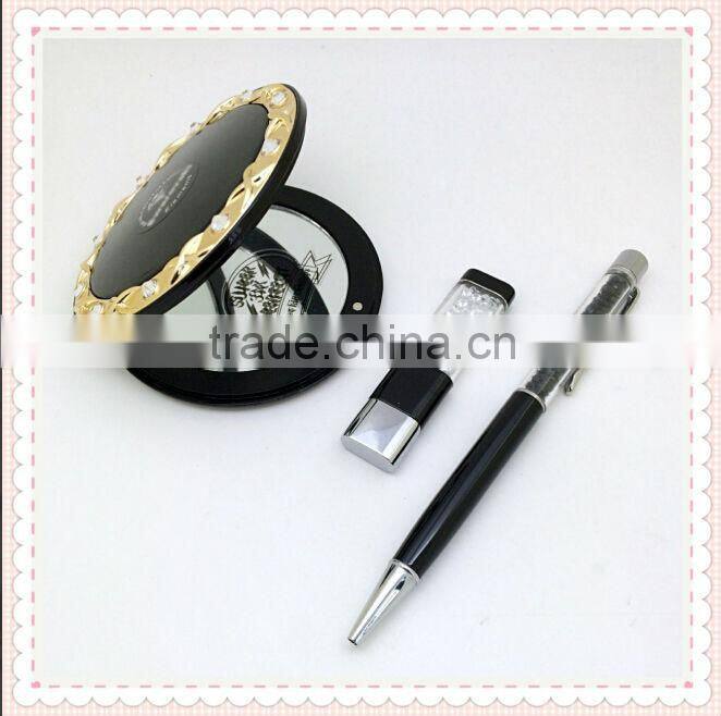 Free shipping SWS0054 diamond pocket mirror&crystal metal ball pen&crystal USB 2.0 flash driver Newest promotional gift sets