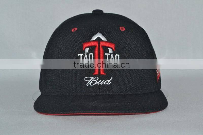 Guangzhou hat factory professional custom 100% wicking performance polyester/black/embroidery logo/flat brim hat