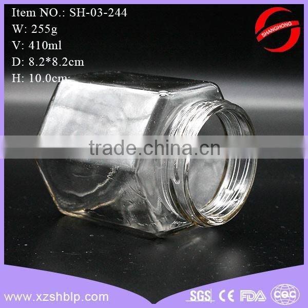 410ml hexagon glass jam jar with metal lid for storage