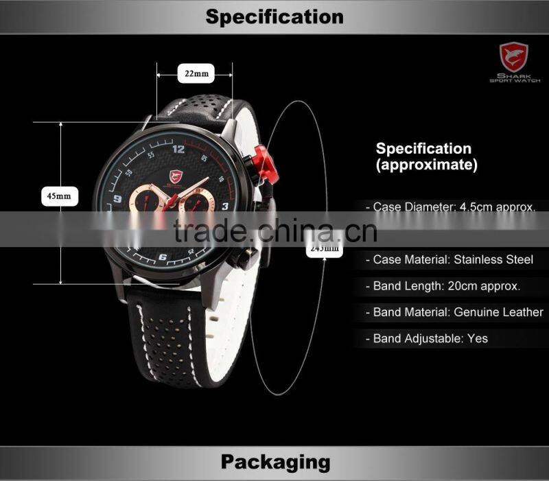 Shark 6 Hands Leather Band Steel Case Mens Quartz Army Luxury Analog Sport Wacth