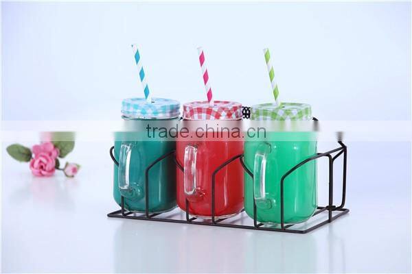 Set of 3 16oz Clear Glass Mason Jars Mugs with Handles metal shelf