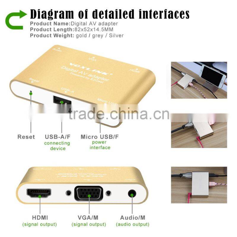 Voxlink Digital AV Adapter With VGA+Audio Dual Display Converter Power Silver/ Golden/ Gray