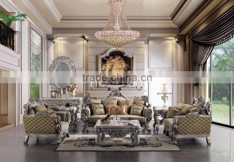 2017 Fancy Top Grain Genuine Leather Living Room Furniture Sofa Set/Spanish Style Hand Carved Living Room Sofa (MOQ=1 Set)