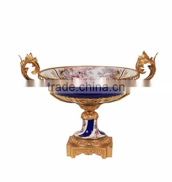 European Character Design Decorative Porcelain Flower Vase With Bronze Side Handles, Enamel Ceramic and Brass Golden Vase