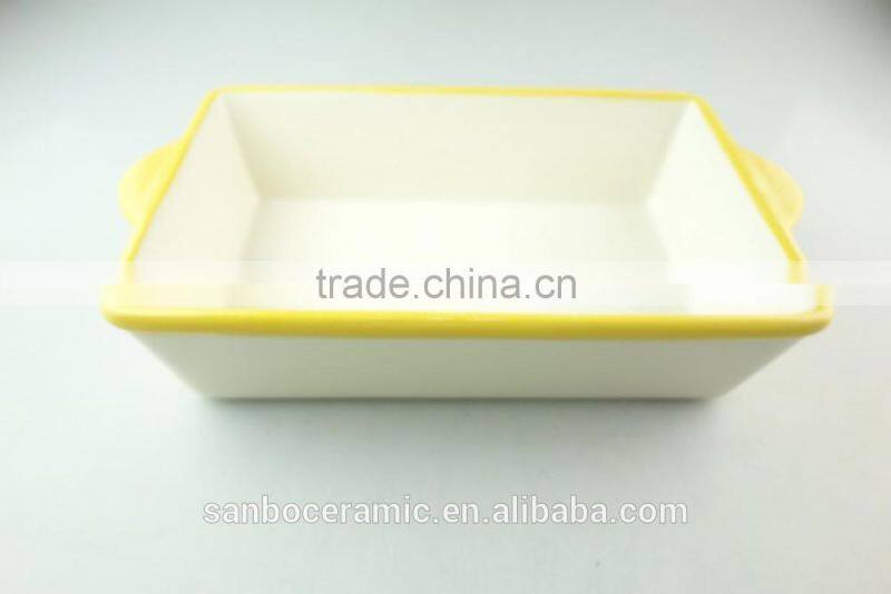 Stocklot rectangular shape yellow line glaze ceramic bakeware with handles