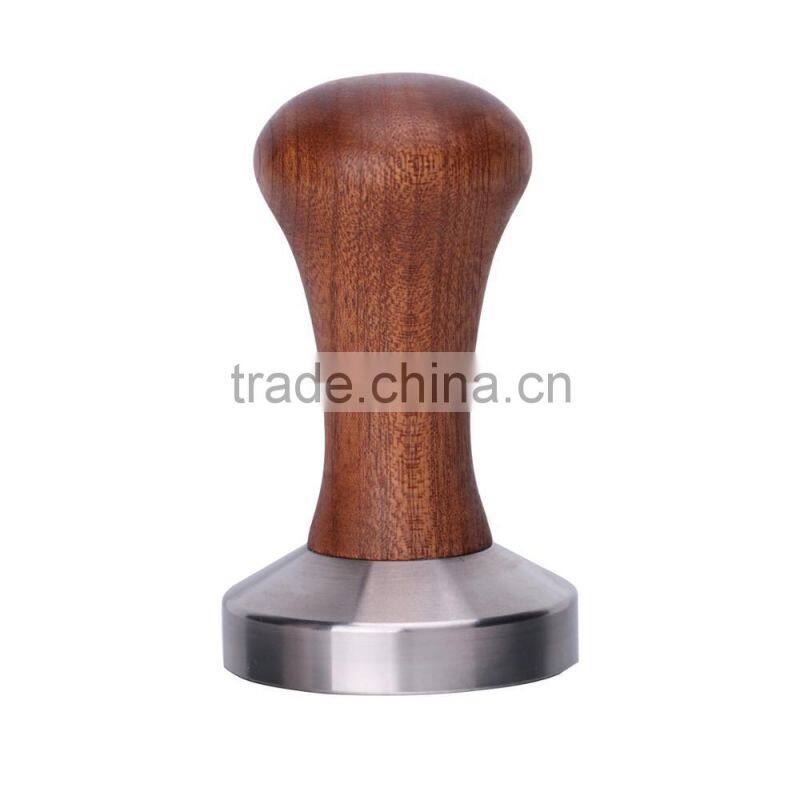 304 Stainless Steel Calibrated Pressure Tamper For Coffee And Espresso With Wooden Handle Brown