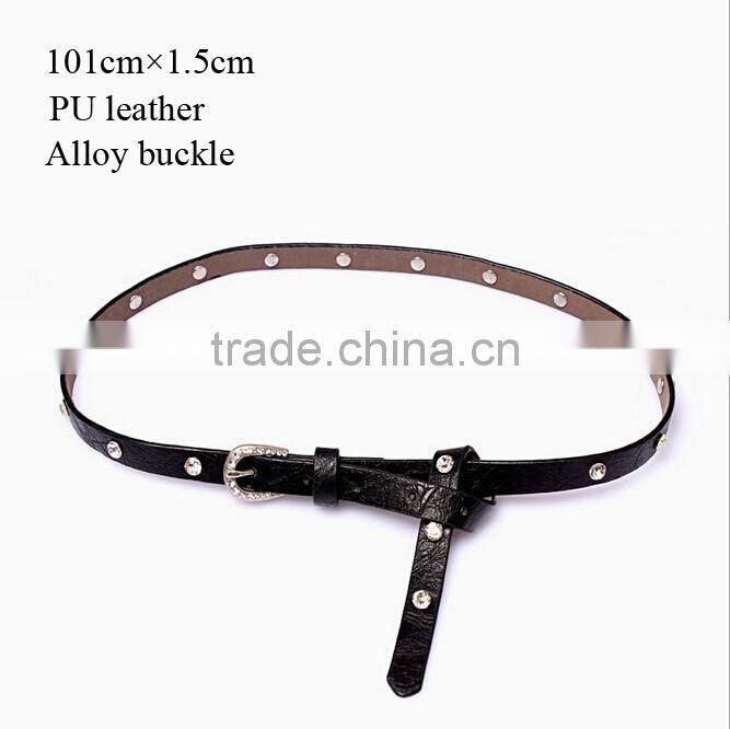 Fashion rhinestone decorated pin buckle sex girl black thin PU waist belt